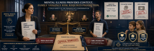 When Mental Health Crisis Becomes Family Violence: Mother’s Appeal Fails Because Self-Harm, Fear and Child Risk Were Open on the Evidence